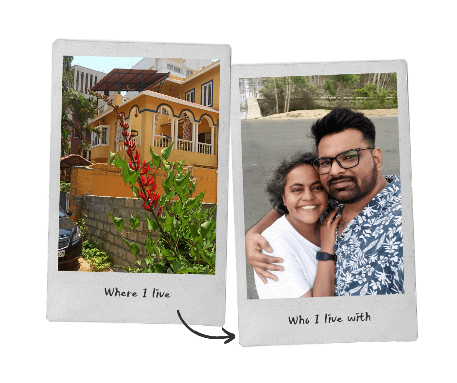 Collage of my house and a selfie of me and my wife.